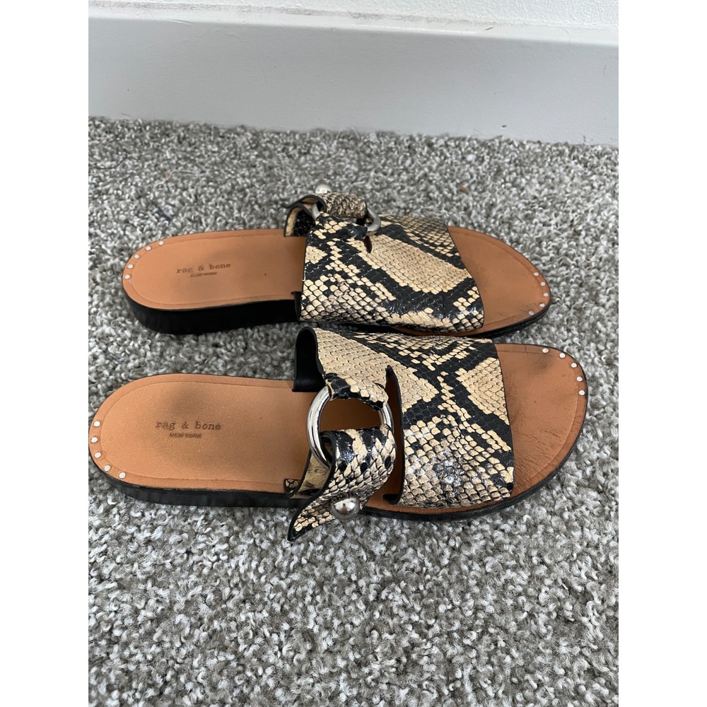 Rag & Bone Arc Flat Slide Sandal‎ Women 36.5 US 6 Snake Print Leather O Ring